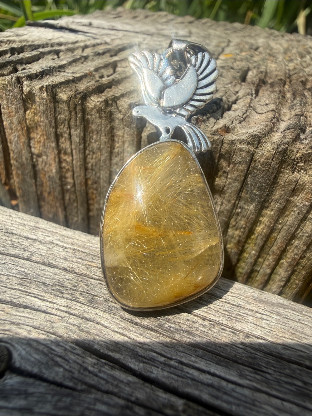 Golden Rutilated Firework Quartz Sterling Silver Dove Pendant